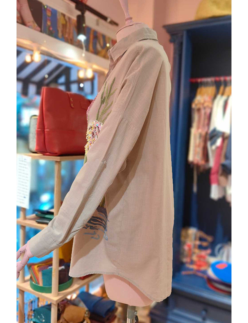 Flamingo Nakışlı Pullu Keten Gömlek | Özel Tasarım Bayan Üst