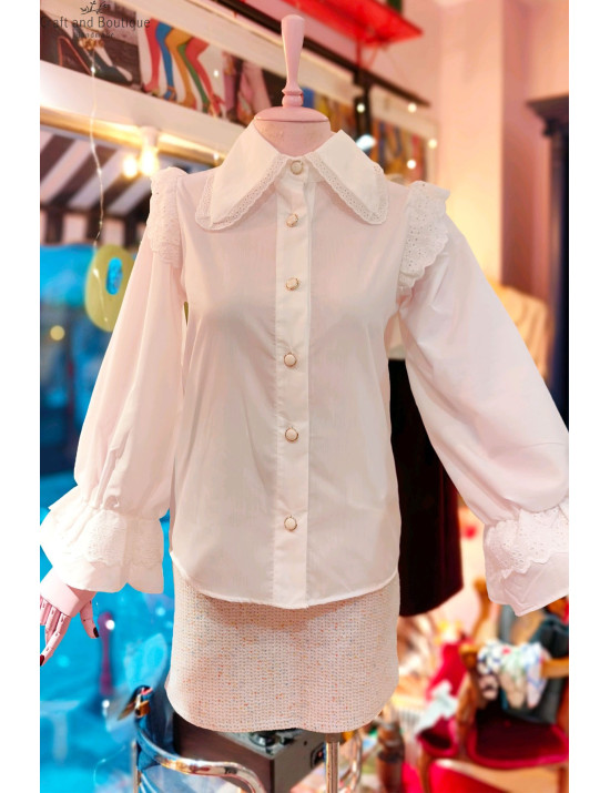 Romantik Dantelli Fırfırlı Yaka Beyaz Bluz - Balon Kollu Şık Kadın Giyim