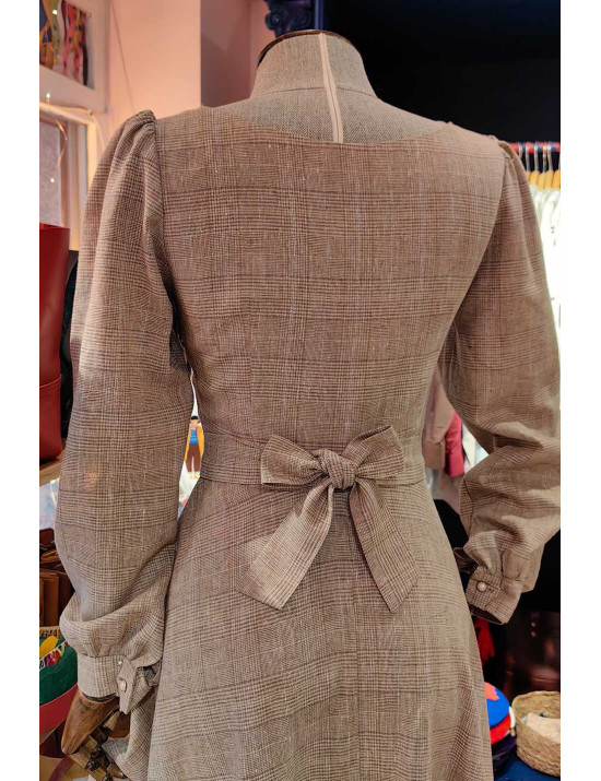 Kahverengi Ekose Kare Yaka Retro Elbise - Özel Tasarım Craft and Boutique Handmade
