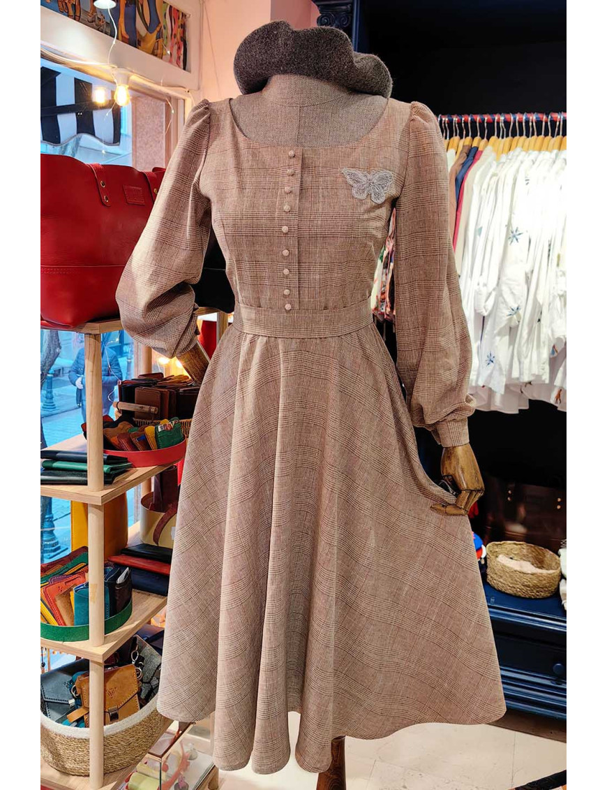 Kahverengi Ekose Kare Yaka Retro Elbise - Özel Tasarım Craft and Boutique Handmade