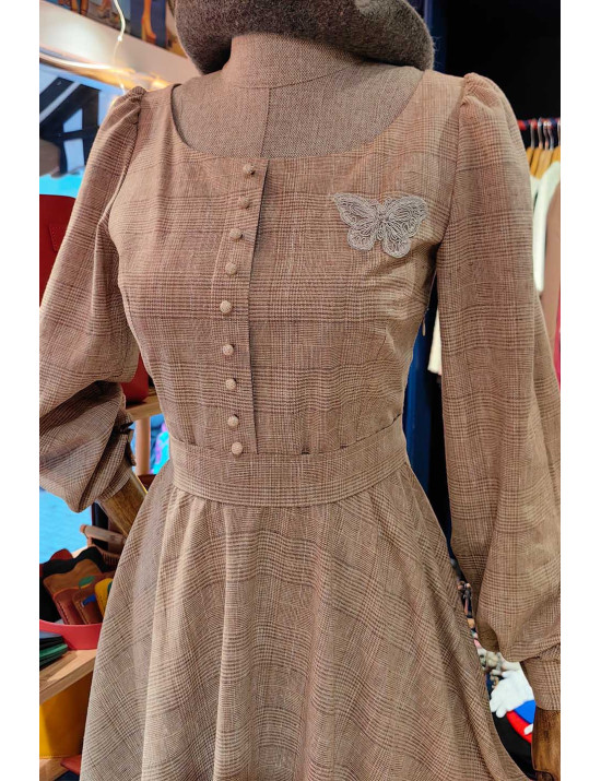 Kahverengi Ekose Kare Yaka Retro Elbise - Özel Tasarım Craft and Boutique Handmade