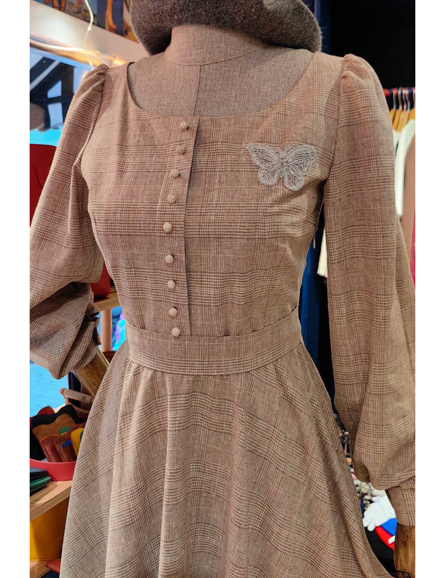 Kahverengi Ekose Kare Yaka Retro Elbise - Özel Tasarım Craft and Boutique Handmade