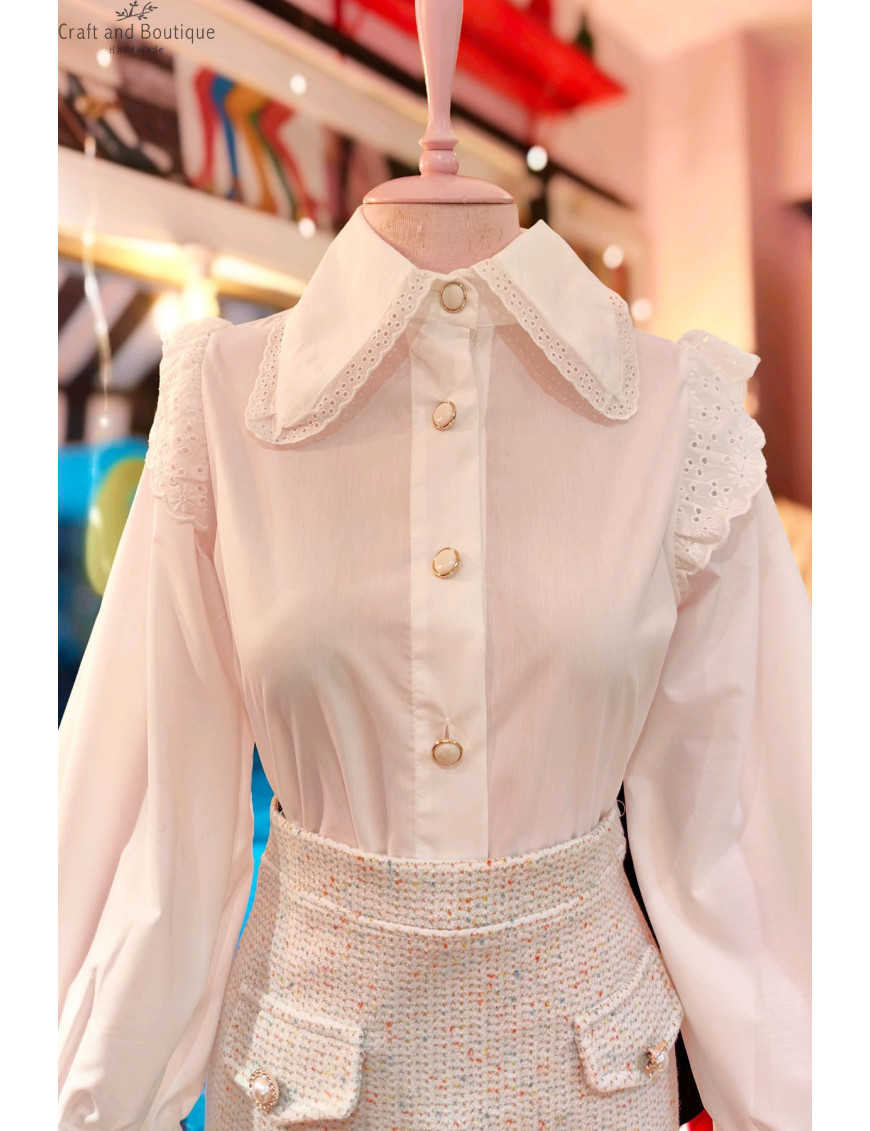 Romantik Dantelli Fırfırlı Yaka Beyaz Bluz - Balon Kollu Şık Kadın Giyim