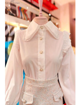 Romantik Dantelli Fırfırlı Yaka Beyaz Bluz - Balon Kollu Şık Kadın Giyim