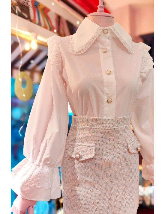 Romantik Dantelli Fırfırlı Yaka Beyaz Bluz - Balon Kollu Şık Kadın Giyim