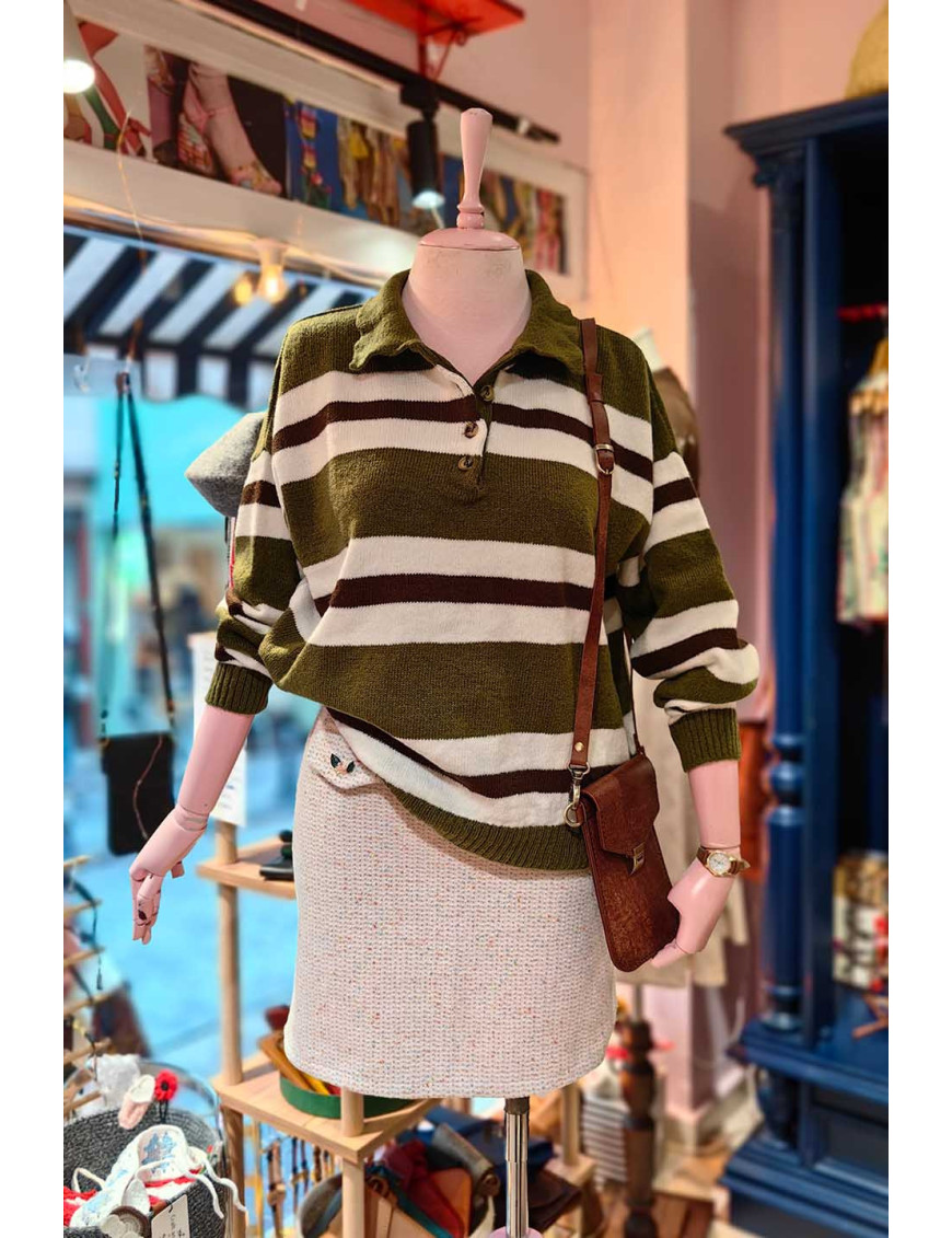 Çizgili Polo Yaka Kadın Triko Kazak - Retro Stil | [Craft and Boutique]