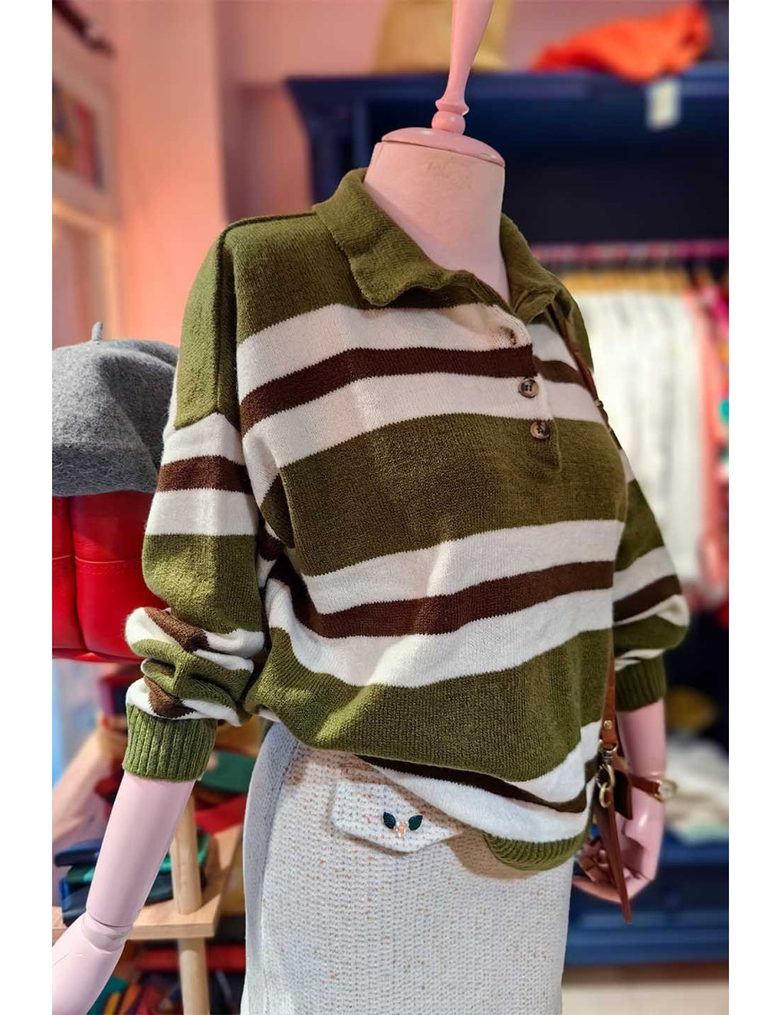 Çizgili Polo Yaka Kadın Triko Kazak - Retro Stil | [Craft and Boutique]