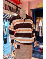 Kahverengi Çizgili Polo Yaka Kadın Kazak - Retro Triko | [Craft and Boutique]