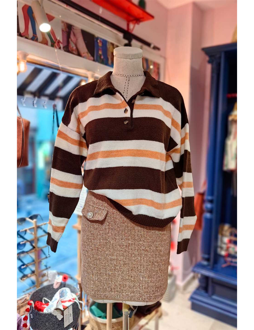 Kahverengi Çizgili Polo Yaka Kadın Kazak - Retro Triko | [Craft and Boutique]