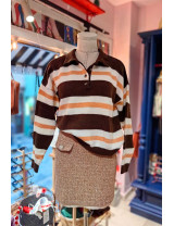 Kahverengi Çizgili Polo Yaka Kadın Kazak - Retro Triko | [Craft and Boutique]