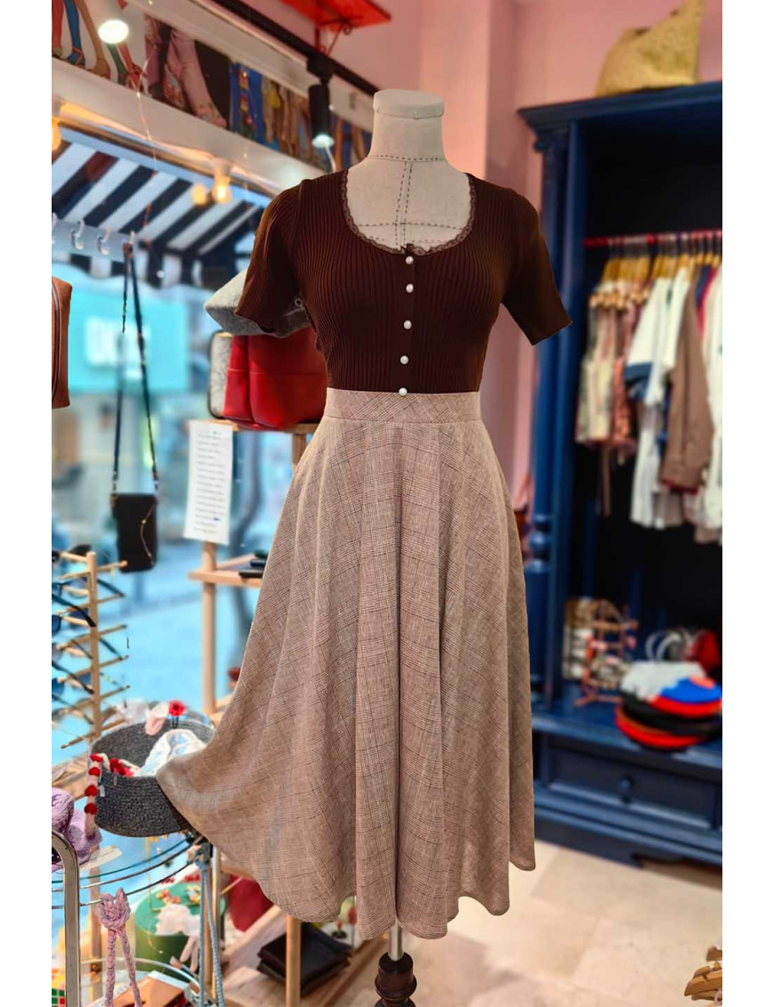 İnci Düğmeli Dantelli Kadın Triko Üst - Kahverengi | [Craft and Boutique]