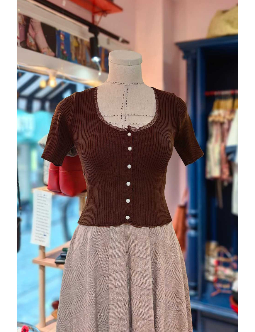 İnci Düğmeli Dantelli Kadın Triko Üst - Kahverengi | [Craft and Boutique]