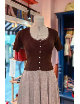 İnci Düğmeli Dantelli Kadın Triko Üst - Kahverengi | [Craft and Boutique]