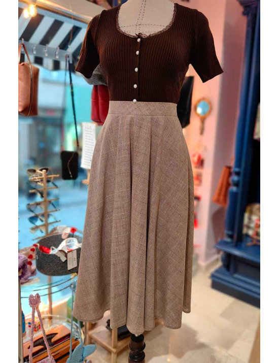 Yüksek Bel Ekose Desenli Midi Etek - Tasarım Çan Etek | [Craft and Boutique]