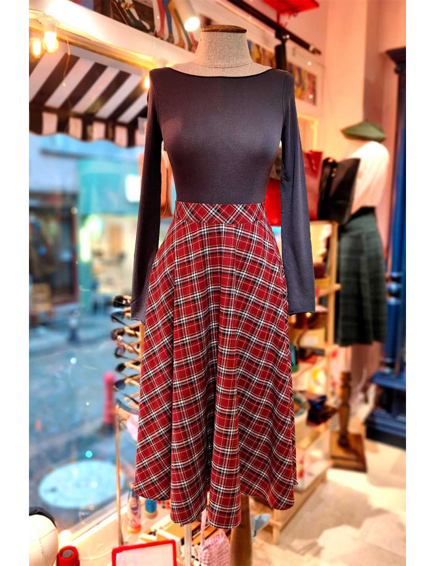 Kırmızı Ekose Desenli Yüksek Bel Kloş Etek | [Craft and Boutique]