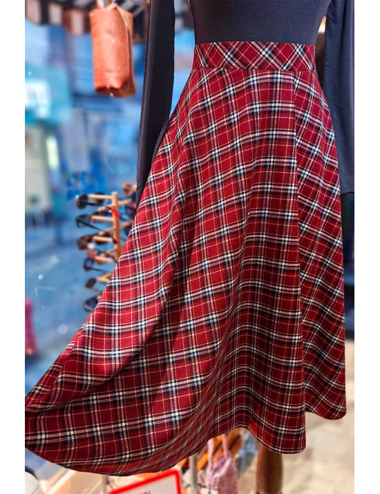 Kırmızı Ekose Desenli Yüksek Bel Kloş Etek | [Craft and Boutique]