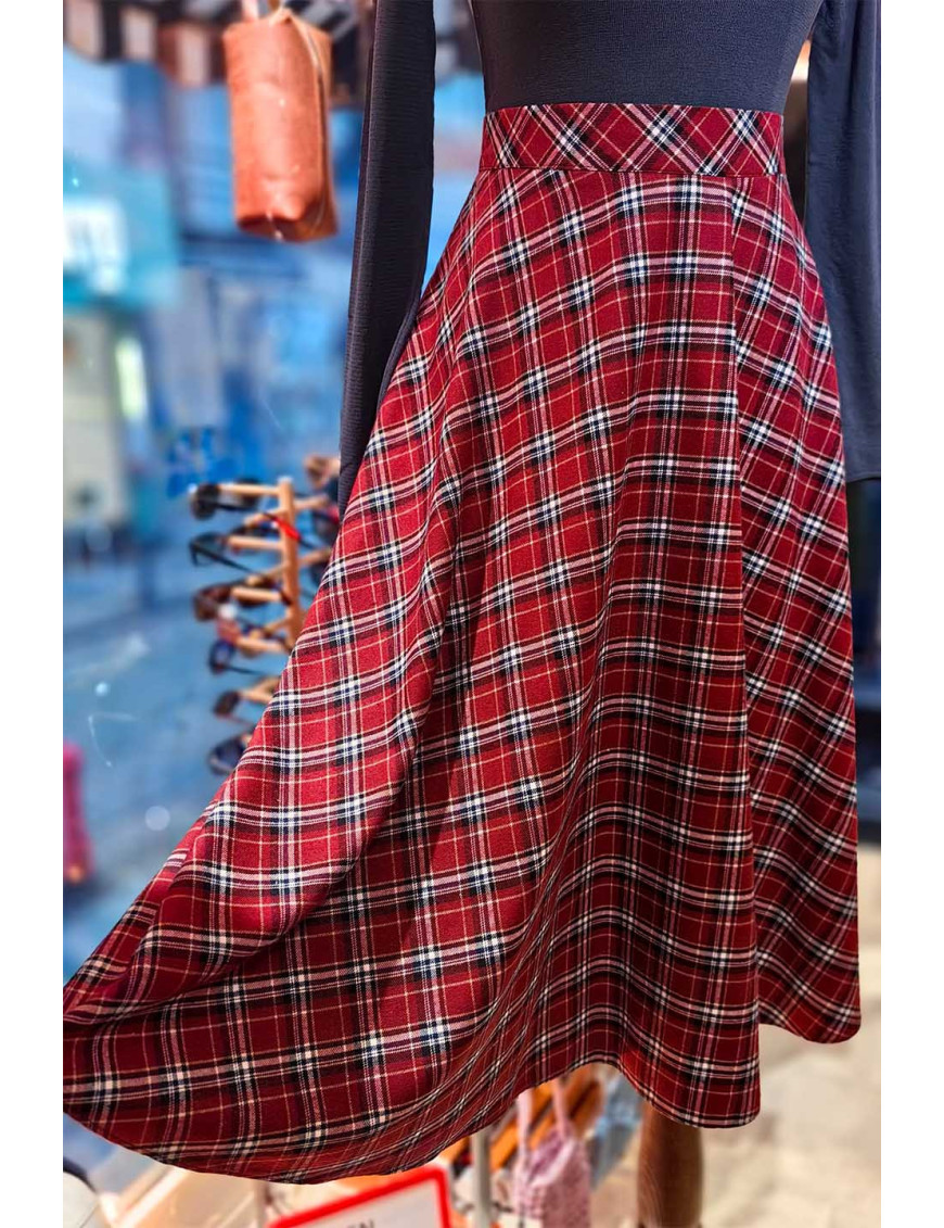 Kırmızı Ekose Desenli Yüksek Bel Kloş Etek | [Craft and Boutique]