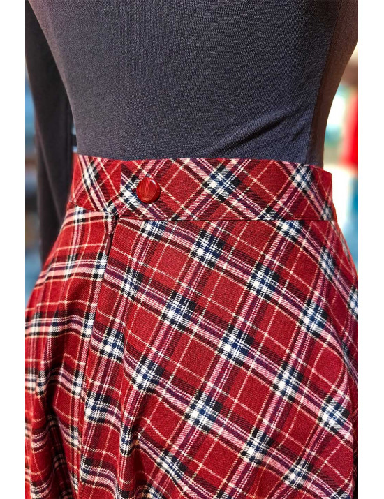 Kırmızı Ekose Desenli Yüksek Bel Kloş Etek | [Craft and Boutique]
