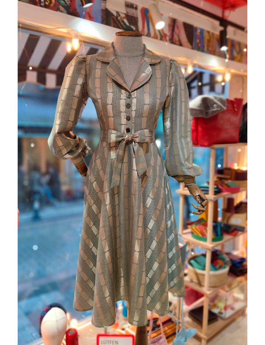 Geometrik Desenli Balon Kollu Tasarım Elbise | [Craft and Boutique]