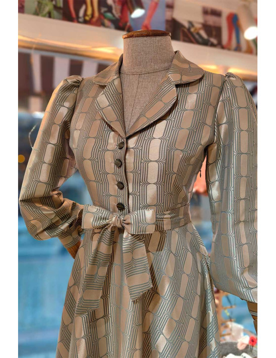 Geometrik Desenli Balon Kollu Tasarım Elbise | [Craft and Boutique]
