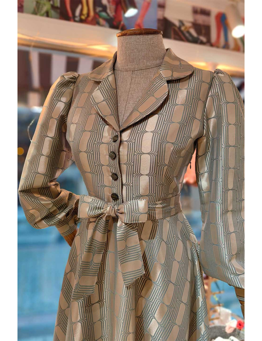 Geometrik Desenli Balon Kollu Tasarım Elbise | [Craft and Boutique]