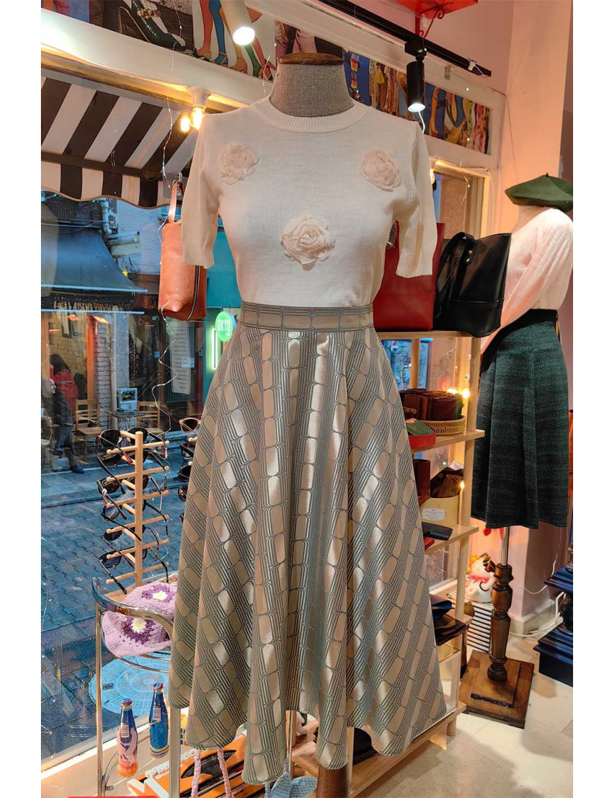 Geometrik Desenli Saten Midi Etek - Özel Tasarım | [Craft and Boutique]
