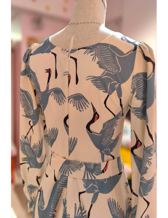 Mavi Turna Kuşu Desenli Kare Yaka Tasarım Elbise | Craft and Boutique Handmade