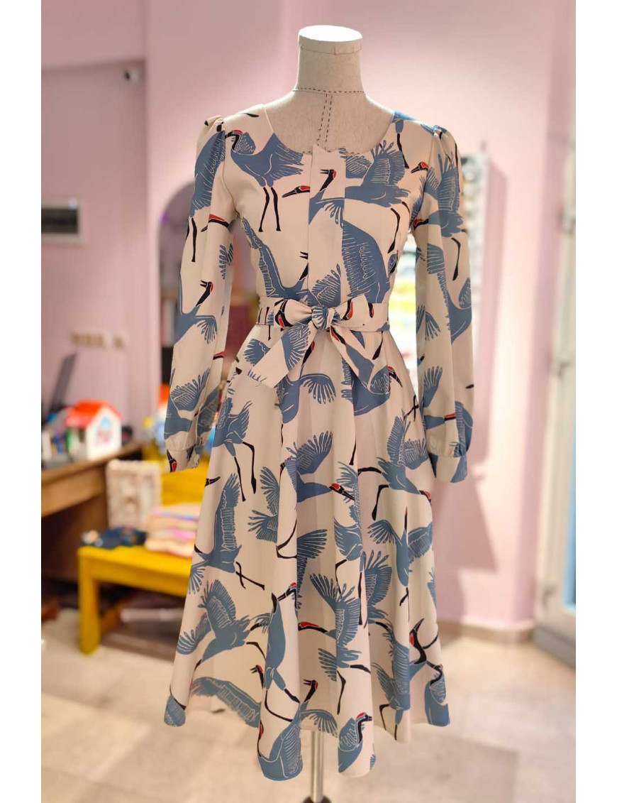 Mavi Turna Kuşu Desenli Kare Yaka Tasarım Elbise | Craft and Boutique Handmade