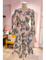 Mavi Turna Kuşu Desenli Kare Yaka Tasarım Elbise | Craft and Boutique Handmade