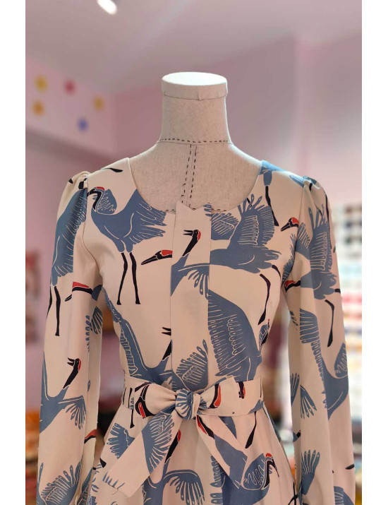 Mavi Turna Kuşu Desenli Kare Yaka Tasarım Elbise | Craft and Boutique Handmade