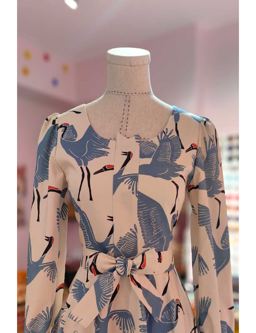 Mavi Turna Kuşu Desenli Kare Yaka Tasarım Elbise | Craft and Boutique Handmade