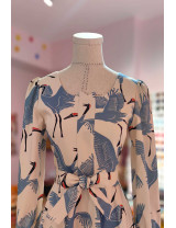 Mavi Turna Kuşu Desenli Kare Yaka Tasarım Elbise | Craft and Boutique Handmade