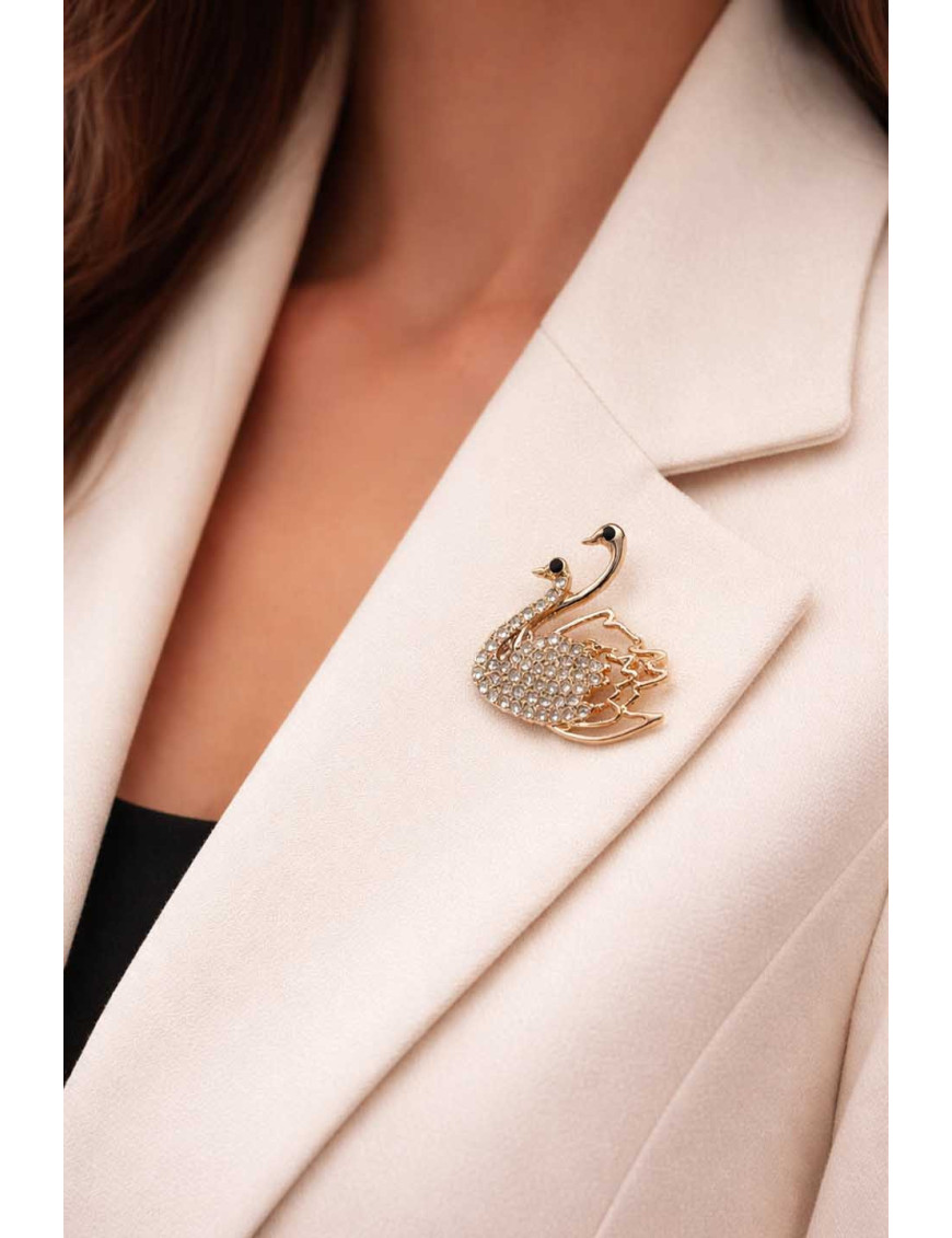 Kristal Taşlı Gold Kuğu Broş - Tasarım Aksesuar | Craft and Boutique Handmade