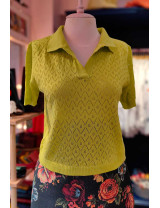 Fıstık Yeşili Ajurlu Polo Yaka Kısa Kollu Kadın Triko - Craft and Boutique Handmade