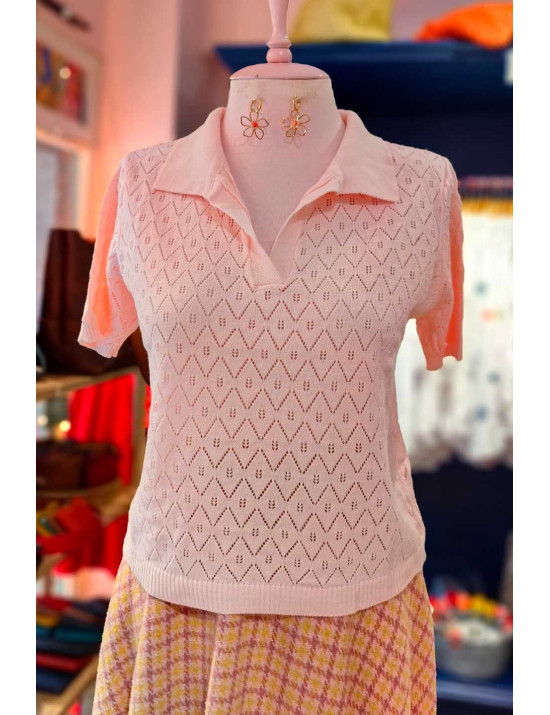 Polo Yaka Ajurlu Kısa Kollu Kadın Triko - Yeni Sezon