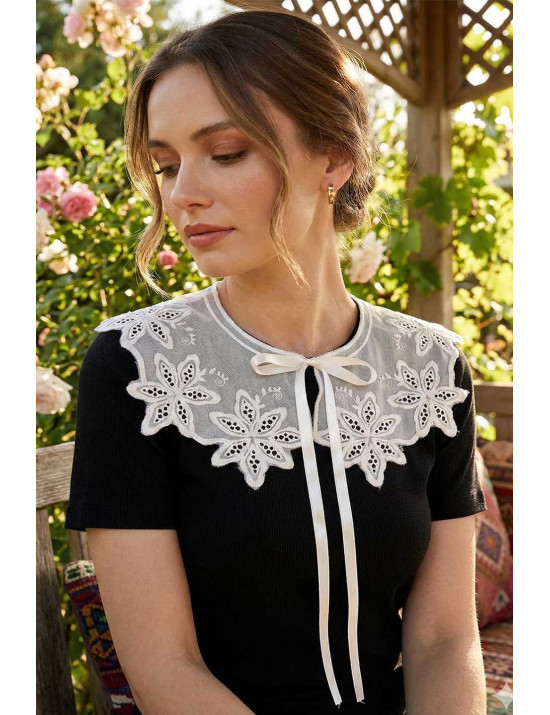 Yıldız Motifli Güpür Seyyar Yaka - Modern Takma Yaka