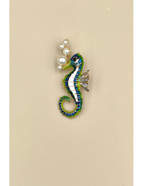 İnci ve Kristal Taşlı Denizatı Broş - Mine İşlemeli Takı | Craft and Boutique