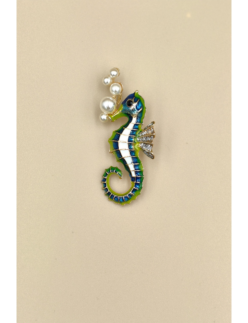 İnci ve Kristal Taşlı Denizatı Broş - Mine İşlemeli Takı | Craft and Boutique