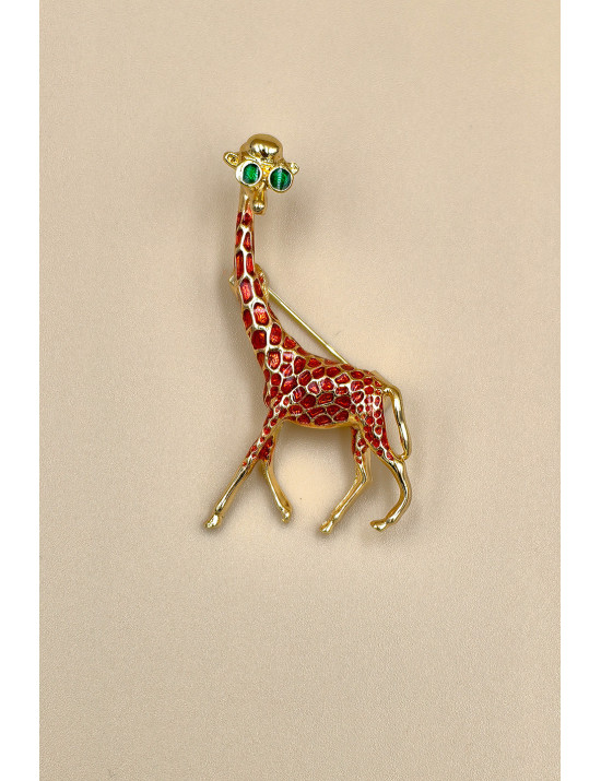 Gözlüklü Zürafa Broş - Kırmızı Mine İşlemeli Özel Tasarım | Craft and Boutique