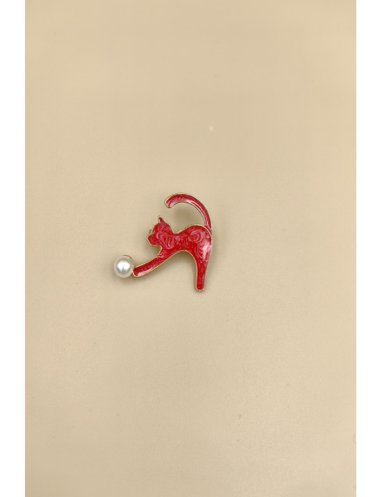 Kırmızı Mine İşlemeli İncili Kedi Broş - Özel Tasarım Aksesuar | Craft and Boutique
