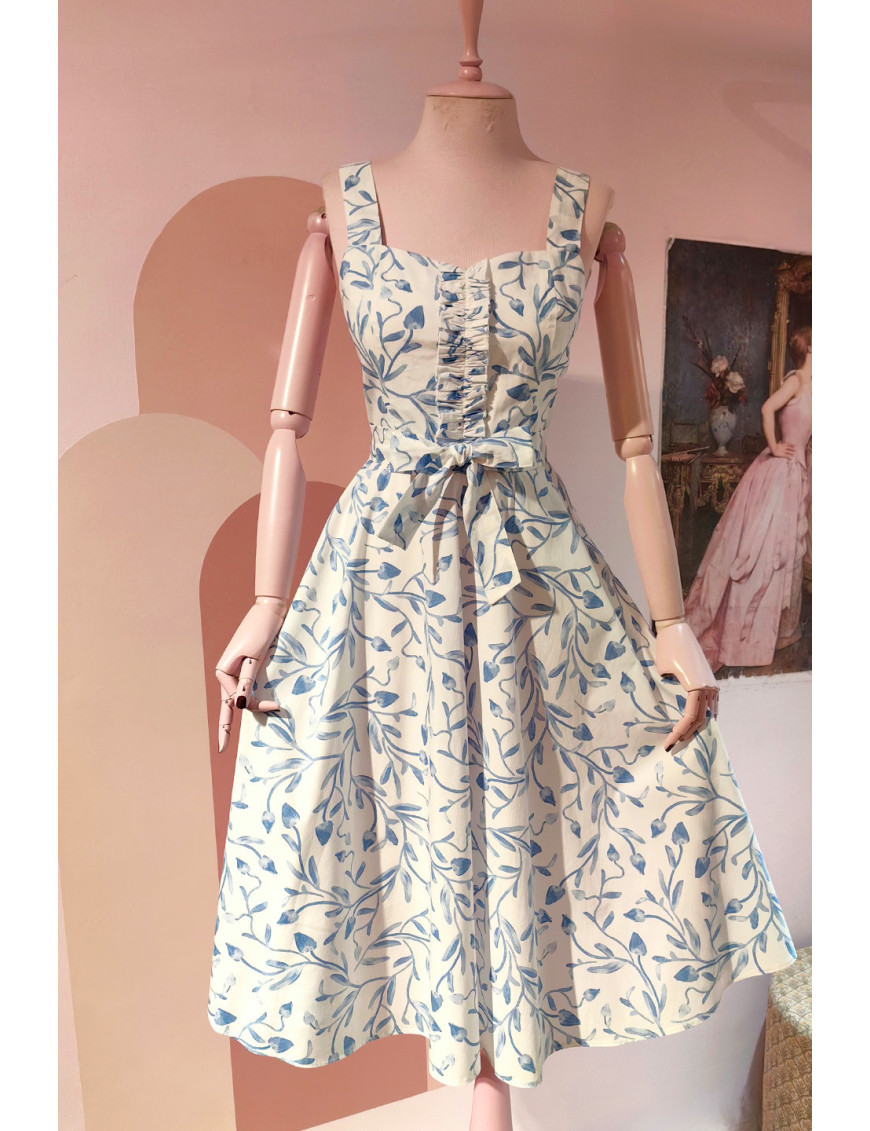 Mavi Yaprak Desenli Askılı Midi Elbise - Craft and Boutique