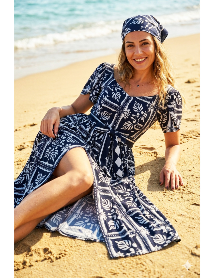 Lacivert Etnik Desenli Yazlık Elbise - Craft and Boutique