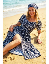 Lacivert Etnik Desenli Yazlık Elbise - Craft and Boutique
