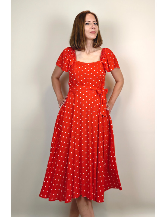 Kırmızı Puantiye Fırfır Kollu Midi Dikim Elbise | Kare Yaka, Retro Stil