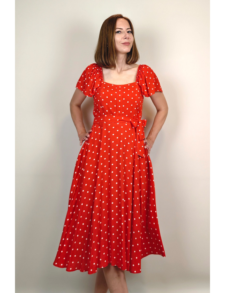 Kırmızı Puantiye Fırfır Kollu Midi Dikim Elbise | Kare Yaka, Retro Stil