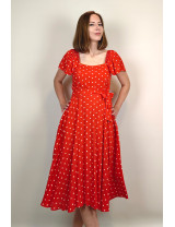 Kırmızı Puantiye Fırfır Kollu Midi Dikim Elbise | Kare Yaka, Retro Stil
