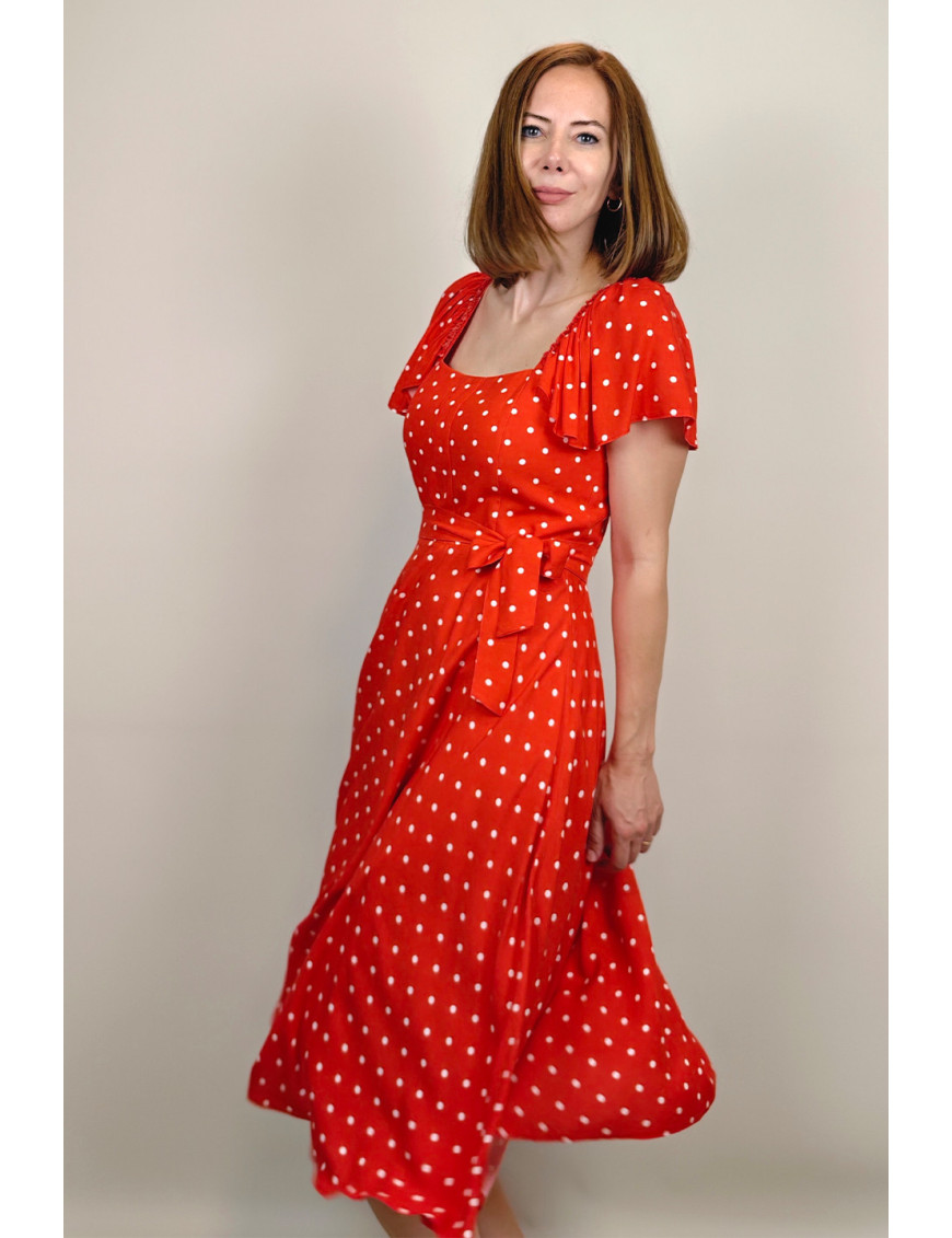 Kırmızı Puantiye Fırfır Kollu Midi Dikim Elbise | Kare Yaka, Retro Stil