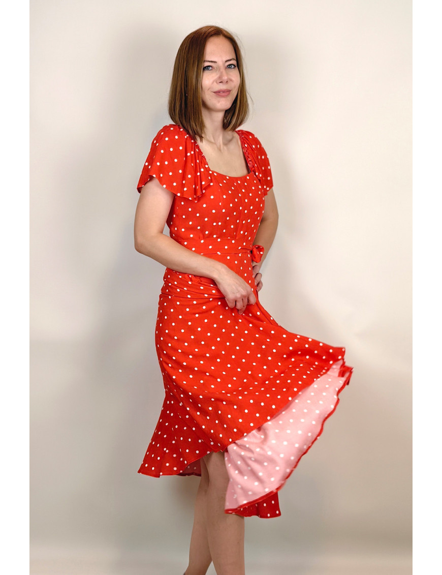 Kırmızı Puantiye Fırfır Kollu Midi Dikim Elbise | Kare Yaka, Retro Stil