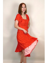 Kırmızı Puantiye Fırfır Kollu Midi Dikim Elbise | Kare Yaka, Retro Stil