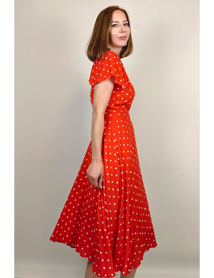 Kırmızı Puantiye Fırfır Kollu Midi Dikim Elbise | Kare Yaka, Retro Stil